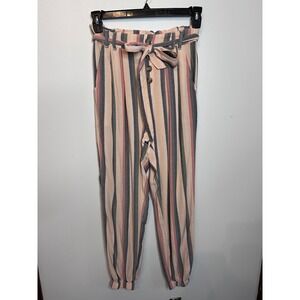 American Eagle Striped Paperbag Waist Jogger Pants Pink Grey Cream Small